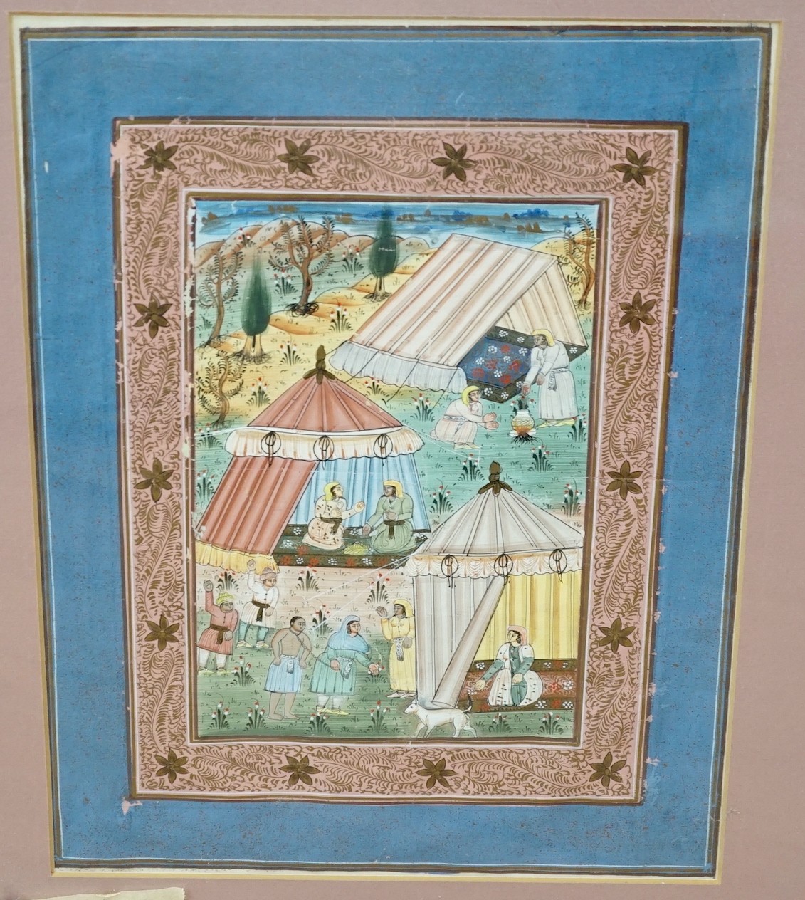 Persian School, gouache, Figures in an encampment, 19.5 x 14cm